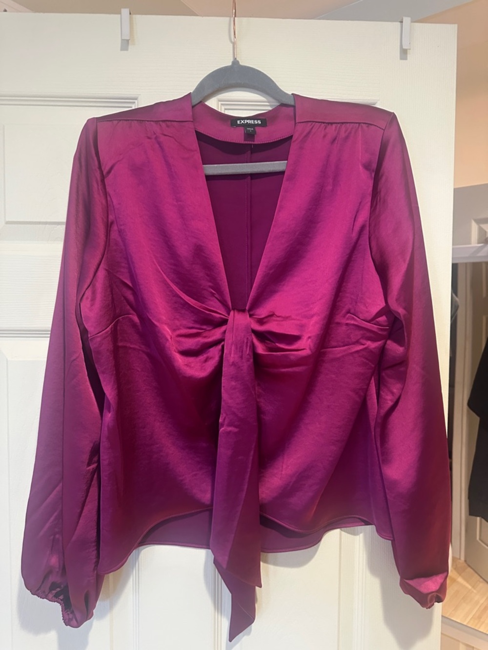 Express Satin Twist-Front Blouse in Fuchsia